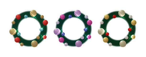 赤、ゴールド、ティール、マゼンタの鮮やかなオーナメントボールで構成された3種類のクリスマスリースセット、3Dレンダリングされたホリデーシーズンの装飾フレーム素材