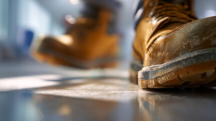 Brown rugged work boots worn by a person walking across a reflective floor surface in a brightly lit industrial setting showing durability and comfort for labor task