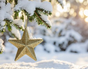 A gold glitter star Christmas ornament hanging from a snow-covered evergreen tree branch in a winter wonderland scene with blurred background.