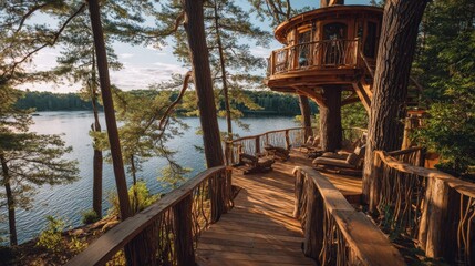 Rustic treehouse retreat overlooking lake with wooden deck and forest view
