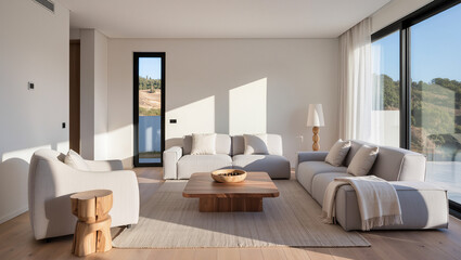 Fototapeta premium Modern living room interior in soft airy neutral tones with white sofas, wooden coffee table and panoramic windows overlooking landscape, cozy minimalist home design