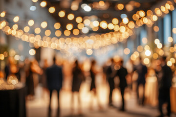 Elegant indoor event with people mingling under warm string lights creating a festive and inviting atmosphere ideal for celebrations and social gatherings
