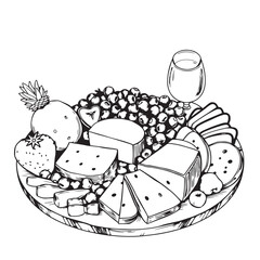 Summer fruit and cheese charcuterie board drawing design black and white delicious vector.