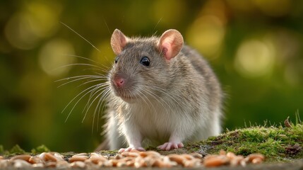 Fancy rat crouched looking alert in close up view