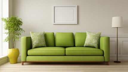 Fototapeta premium A stylish green sofa sits in a sunny living room filled with light and a cozy atmosphere.