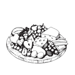 Summer fruit and cheese charcuterie board drawing design black and white delicious vector.