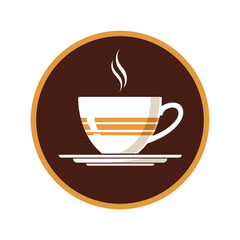 Steaming hot coffee cup icon with orange stripes on dark circle