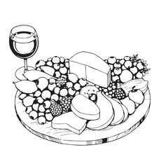 Summer fruit and cheese charcuterie board drawing design black and white delicious vector.