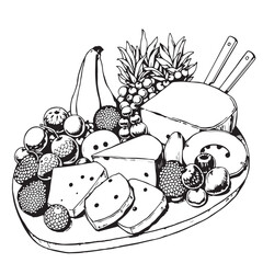 Summer fruit and cheese charcuterie board drawing design black and white delicious vector.