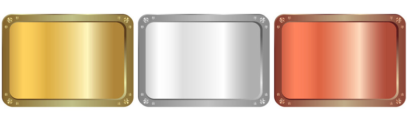 Silvery white metal plates in various vintage shapes with decorative edges and screw holes. Metallic label for engraving, signage, awards, door signs. Realistic vector illustration.transparent 