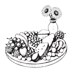 Summer fruit and cheese charcuterie board drawing design black and white delicious vector.