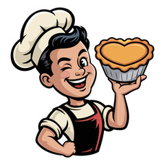 Chef Cartoon Character Holding Fresh Pie, Cute Bakery and Cooking Mascot Vector Illustration for Food, Restaurant and Culinary Branding Isolated on White Background, chef, cook, bakery, pie, food