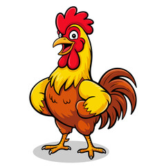Cute Cartoon Rooster Standing on White Background – Hand-Drawn Chicken Mascot Vector Illustration for Restaurant Branding, Logo Design, Clipart and Children’s Artwork