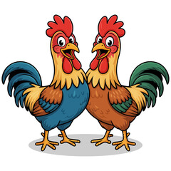 Cartoon Tow Rooster Standing Isolated on White Background – Vibrant Hand-Drawn Chicken Character Vector for Mascot Branding, Restaurant Logo, Farm Illustration and Cute Clipart Design
