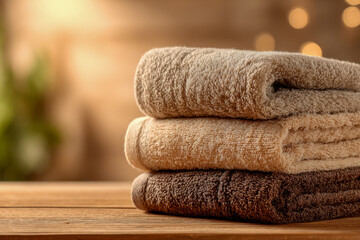 A neat stack of soft, folded towels in neutral tones resting on a wooden surface with warm, blurred background lighting creating a cozy atmosphere