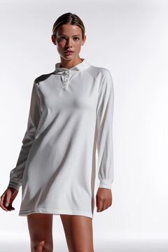 Una modelo luce un vestido blanco minimalista sobre un fondo blanco.