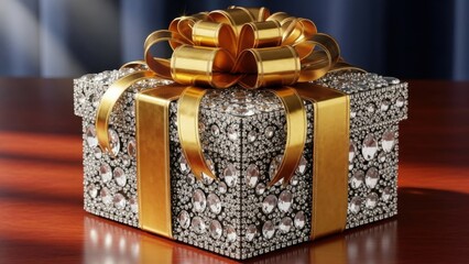 A luxurious gift box shimmering with crystals and a magnificent golden bow