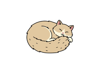 A relaxed, fluffy beige cat lies asleep in a flat vector illustration, its furry tail tucked beneath it, surrounded by a clean white background