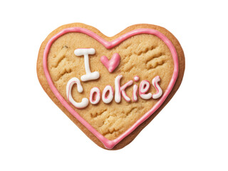 Heart shaped cookie with pink icing and text white, Isolated, Png Transparent Background