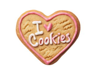 Heart shaped cookie with pink icing and text white, Isolated, Png Transparent Background
