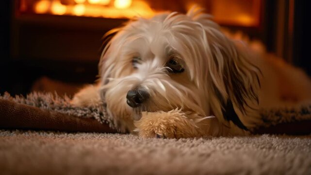 A small dog is laying on a rug in front of a fireplace. The dog appears to be relaxed and comfortable in its surroundings. Havanese lying peacefully in warm winter corner