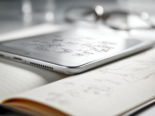 Digital tablet with hand-drawn sketches and notes on a desk setting