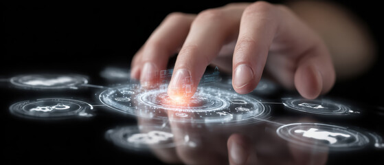 a close-up of fingers tapping a glowing virtual interface with icons for analytics, automation, and security, reflected on a sleek black surface
