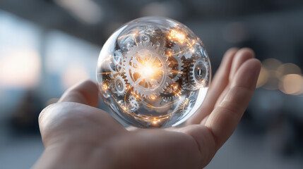a hand holding a transparent sphere with rotating gears and data streams inside, symbolizing business strategy, soft bokeh background with warm office lighting