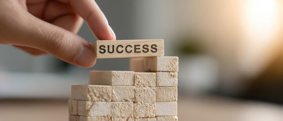 a hand placing a final wooden block with SUCCESS on top of a tower, glowing faintly, shallow focus, minimalist office setting