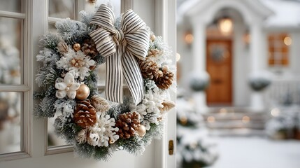 Festive Christmas wreath hanging on a white door features frosted pine needles, pine cones, white snowflakes, and a large striped ribbon bow.