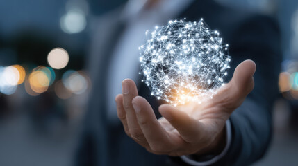 a businessman's hand holding a glowing orb with interconnected nodes inside, symbolizing network or strategy, dark blurred background with bokeh lights