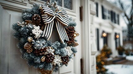Festive Christmas wreath hanging on a white door features frosted pine needles, pine cones, white snowflakes, and a large striped ribbon bow.