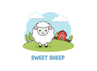 Obraz premium Adorable sheep with fluffy wool, a farm animal in the countryside, depicted as a charming ewe standing in a rural village setting, rendered as a flat graphic vector illustration on a white background
