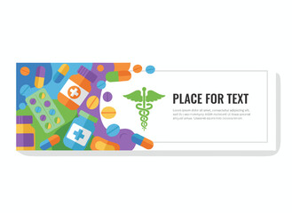 A pharmacy-themed banner featuring a text area, a vibrant horizontal backdrop adorned with pills and medication, rendered in flat-style vector illustration