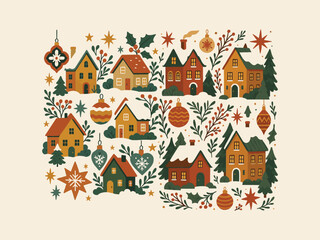 Fototapeta premium Warm festive countryside houses, Christmas ornaments and stars,