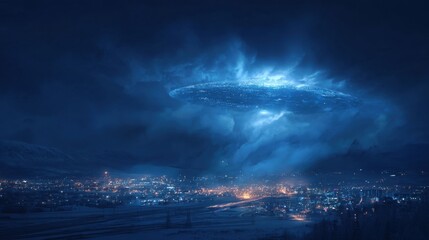 Bright blue lights fill the dark sky casting an eerie glow over the town below at night.