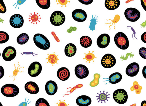 A seamless pattern featuring diverse microorganisms set against a black backdrop&mdash;germs, pathogens, protozoa, microbes, bacteria, and viruses&mdash;depicted in a vibrant flat vector style suitable for