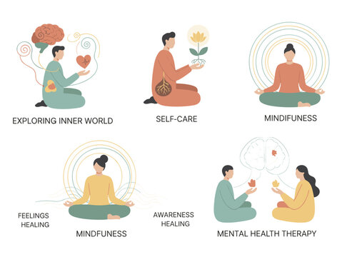Feelings and the body, a psychology concept set, delve into the inner world of emotions, fostering self‑awareness, care, and mindfulness, while supporting mental‑health therapy with abstract flat