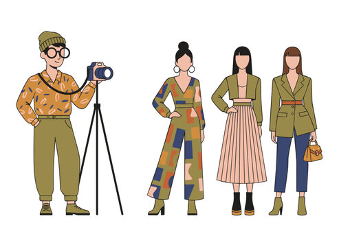 A collection of flat vector illustrations featuring people in trendy attire, showcasing stylish male and female models as isolated design elements against a white backdrop, curated by a fashion