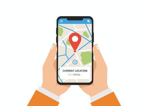 A mobile phone screen shows a map app, with hands holding the device while using GPS and navigation to locate a position and drop a pin, depicted as a flat vector illustration on a white background