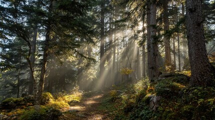 Obraz premium Sunlight filters through the trees illuminating a peaceful forest path in the early morning.