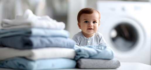 stack of folded blue and gray clothes sits neatly with children in front of white washing machine in soft blurred room, showing where daily chores happen and why clean fabrics matter.