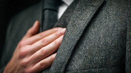 Hand adjusting a grey herringbone patterned suit jacket lapel with a matching tie for a classic formal business attire look