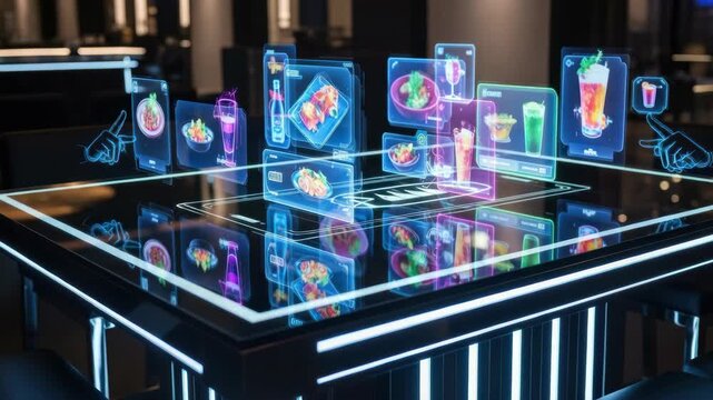 Interactive table displaying food and drinks holograms restaurant technology