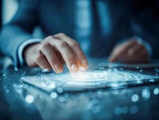 Businessman interacting with futuristic digital interface hologram projecting innovative technology concepts on a tablet device in a modern office setting