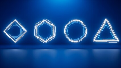 Glowing digital geometric shapes, modern technology data display.