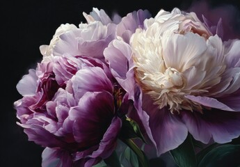 Three peonies with soft, lavender petals in varying hues on a dark background evoke floral elegance