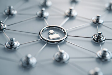 Conceptual representation of connected user profiles in a network with metallic nodes symbolizing social or professional relationships and data sharing platforms