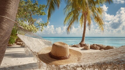 A straw hat lies on a hammock surrounded by palm trees and a tranquil blue ocean