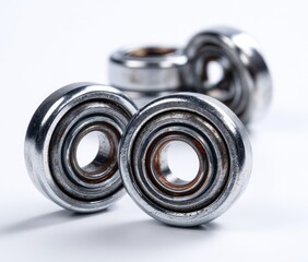 Several metal roller bearings, slightly used, stacked on a white surface in sharp focus